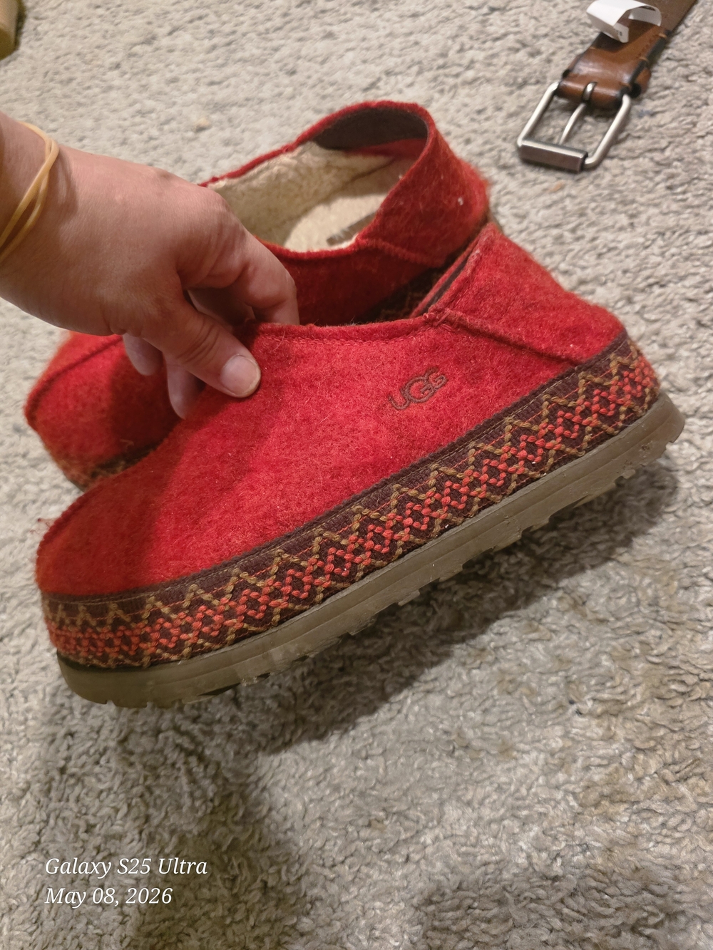 UGG Red Felt Slip-On Clog with Patterned Trim